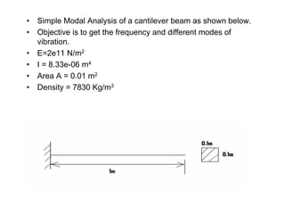 • Simple Modal Analysis of a cantilever beam as shown below.
• Objective is to get the frequency and different modes of
vibration.
• E=2e11 N/m2
• I = 8.33e-06 m4
• Area A = 0.01 m2
• Density = 7830 Kg/m3
 
