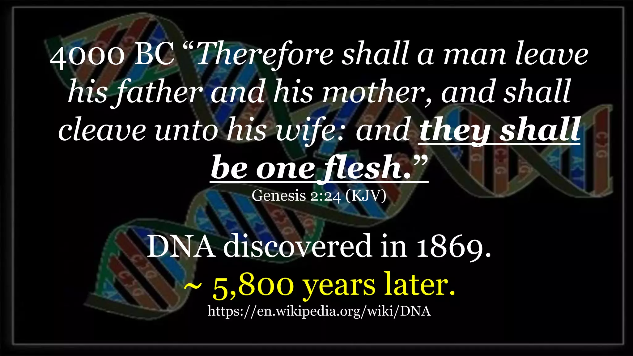 4000 BC “Therefore shall a man leave
his father and his mother, and shall
cleave unto his wife: and they shall
be one flesh.”
Genesis 2:24 (KJV)
DNA discovered in 1869.
~ 5,800 years later.
https://en.wikipedia.org/wiki/DNA
 