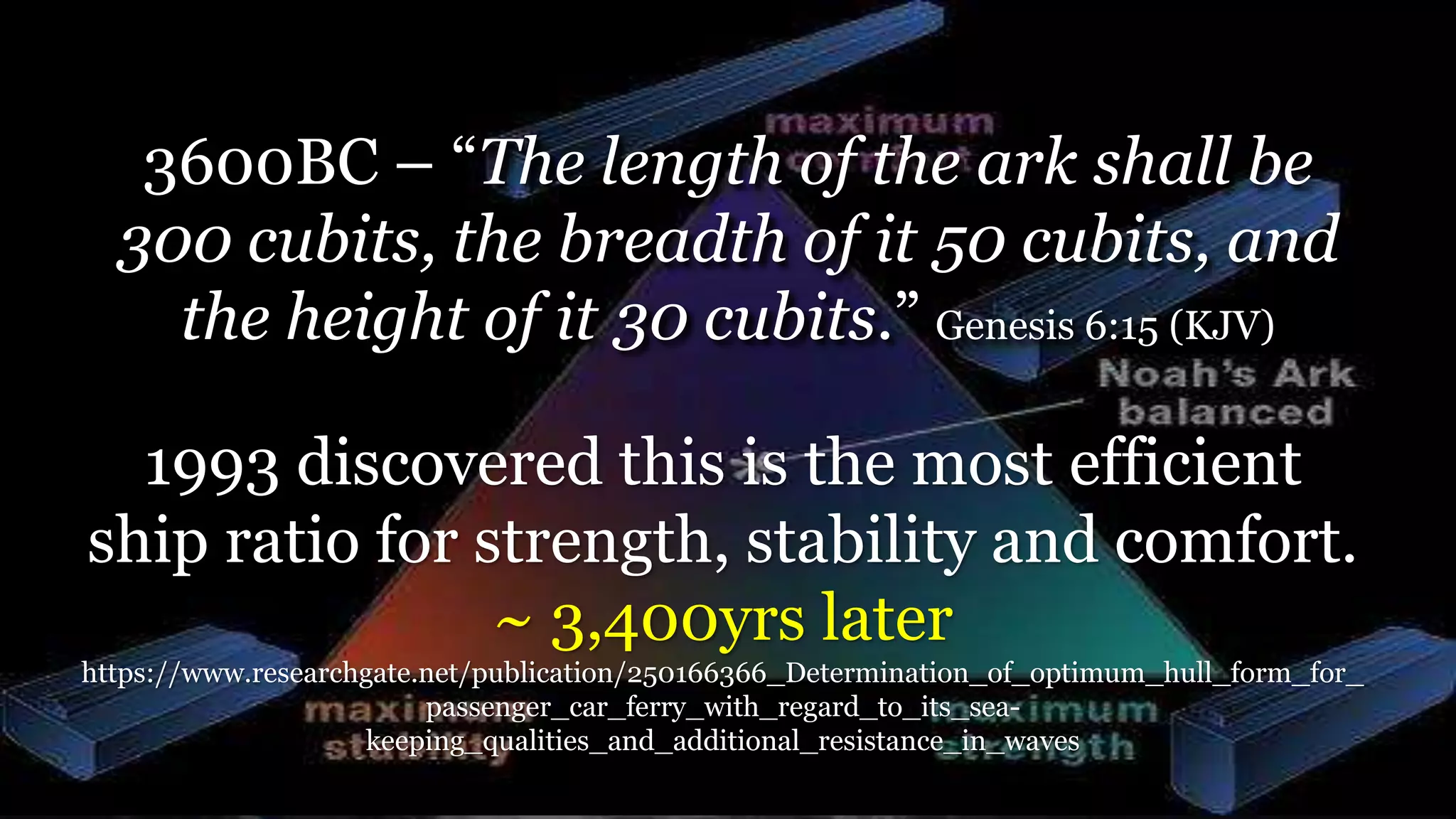 3600BC – “The length of the ark shall be
300 cubits, the breadth of it 50 cubits, and
the height of it 30 cubits.” Genesis 6:15 (KJV)
1993 discovered this is the most efficient
ship ratio for strength, stability and comfort.
~ 3,400yrs later
https://www.researchgate.net/publication/250166366_Determination_of_optimum_hull_form_for_
passenger_car_ferry_with_regard_to_its_sea-
keeping_qualities_and_additional_resistance_in_waves
 