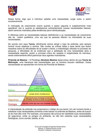 Curso de Formação de Agentes Penitenciários
Módulo 12- Relacionamento Social
Disciplina: Relações Interpessoais
10
Dessa forma, logo que o indivíduo satisfaz uma necessidade, surge outra, e assim
sucessivamente.
A motivação de crescimento ocorre quando o passo seguinte é subjetivamente mais
agradável, isto é, quando já satisfazemos suficientemente nossas necessidades básicas,
assim seremos motivados pelas tendências para individualização.
A diferença entre as necessidades básicas (deficiência) e as necessidades de crescimento
são de ordem qualitativa, uma vez que as pessoas diferem na intensidade de suas
necessidades.
De acordo com essa Teoria, dificilmente iremos atingir o topo da pirâmide, pois sempre
haverá novos objetivos e sonhos. São muitas as críticas feitas a essa teoria que fazem
ressalvas sobre as dificuldades de se avaliar a teoria, a metodologia utilizada no processo de
pesquisa, a dificuldade de se evidenciar que a satisfação de uma necessidade ative a
necessidade seguinte, porém a principal crítica diz respeito à subjetividade do indivíduo,
sendo extremamente difícil padronizar seus agentes motivadores.
Pirâmide de Maslow – O Psicólogo Abraham Maslow desenvolveu dentro de sua Teoria da
Motivação, uma hierarquia das necessidades que os homens buscam satisfazer. Essas
necessidades se representam em forma da Piramide de Maslow :
A interpretação da pirâmide nos proporciona o código de sua teoria: Um ser humano tende a
satisfazer suas necessidades primárias (mais baixas na pirâmide de Maslow), antes de buscar
as do mais alto nível. Por exemplo, uma pessoa não procura ter satisfeitas suas necessidades
de segurança, evitar os perigos do ambiente, se não tem cobertas suas necessidades
fisiológicas, como comida, bebida, ar etc.
 