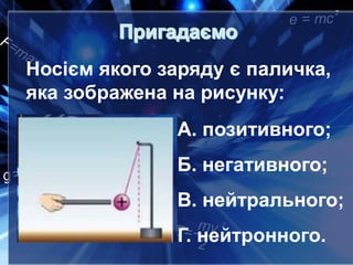Носієм якого заряду є паличка,
яка зображена на рисунку:
А. позитивного;
Б. негативного;
В. нейтрального;
Г. нейтронного.
 