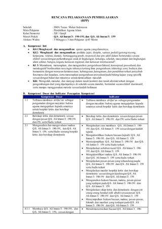 RENCANA PELAKSANAAN PEMBELAJARAN
(RPP)
Sekolah : SMA Tunas Mekar Indonesia
Mata Pelajaran : Pendidikan Agama Islam
Kelas/Semester : XII / Ganjil
Materi Pokok : Q.S. Ali Imran/3: 190-191,dan Q.S. Ali Imran/3: 159
Alokasi Waktu : 3 Minggu x 3 Jam Pelajaran @45 Menit
A. Kompetensi Inti
 KI-1:Menghayati dan mengamalkan ajaran agama yang dianutnya.
 KI-2: Menghayati dan mengamalkan perilaku jujur, disiplin, santun,peduli (gotong royong,
kerjasama, toleran, damai), bertanggung jawab, responsif,dan pro-aktif dalam berinteraksi secara
efektif sesuaidengan perkembangan anak di lingkungan, keluarga, sekolah, masyarakat dan lingkungan
alam sekitar, bangsa,negara, kawasan regional, dan kawasan internasional”.
 KI 3: Memahami, menerapkan, dan menganalisis pengetahuan faktual, konseptual,prosedural, dan
metakognitif berdasarkan rasa ingin tahunya tentang ilmu pengetahuan,teknologi, seni, budaya,dan
humaniora dengan wawasan kemanusiaan, kebangsaan,kenegaraan, dan peradaban terkait penyebab
fenomena dan kejadian, serta menerapkan pengetahuan proseduralpada bidang kajian yang spesifik
sesuaidengan bakat dan minatnya untukmemecahkan masalah
 KI4: Mengolah, menalar, dan menyaji dalam ranah konkret dan ranah abstrak terkait dengan
pengembangan dari yang dipelajarinya di sekolah secara mandiri, bertindak secara efektif dan kreatif,
serta mampu menggunakan metode sesuaikaidah keilmuan
B. Kompetensi Dasar dan Indikator Pencapaian Kompetensi
Kompetensi Dasar Indikator
1.1 Terbiasa membaca al-Qur’an sebagai
pengamalan dengan meyakini bahwa
agama mengajarkan kepada umatnya
untuk berpikir kritis dan bersikap
demokratis
 Terbiasa membaca al-Qur’an sebagaipengamalan
dengan meyakini bahwa agama mengajarkan kepada
umatnya untuk berpikir kritis dan bersikap demokratis
2.1 Bersikap kritis dan demokratis sesuai
dengan pesan Q.S. Ali Imran/3: 190-191
dan159, serta Hadis terkait
 Bersikap kritis dan demokratis sesuaidengan pesan
Q.S. Ali Imran/3: 190-191 dan159, serta Hadis terkait
3.1 Menganalisis dan mengevaluasi makna
Q.S. Ali Imran/3: 190-191, dan Q.S. Ali
Imran/3: 159, serta Hadis tentang berpikir
kritis dan bersikap demokratis
 Menjelaskan cara membaca Q.S. Ali Imran/3: 190-
191 dan Q.S. Ali Imran/3: 159 sesuaidengan kaidah
tajwid;
 Mengidentifikasi hukum bacaan (tajwid) Q.S. Ali
Imran/3: 190-191 dan Q.S. Ali Imran/3: 159.
 Menterjemahkan Q.S. Ali Imran/3: 190-191 dan Q.S.
Ali Imran/3: 159 serta hadis terkait.
 Menjelaskan asbabun nuzul Q.S. Ali Imran/3: 190-
191 dan Q.S. Ali Imran/3: 159.
 Mengidentifikasi makna Q.S. Ali Imran/3: 190-191
dan Q.S. Ali Imran/3: 159 serta hadis terkait.
 Menjelaskan pesan-pesan yang terkandung paqda
Q.S. Ali Imran/3: 190-191 dan Q.S. Ali Imran/3: 159
serta hadis terkait
 Menjelaskan manfat berpikir kritis dan bersikap
demokratis sesuaidengan kandungan Q.S. Ali
Imran/3: 190-191 dan Q.S. Ali Imran/3: 159.
 Menganalisis hukum bacaan, makna, pesan-pesan
yang terdapat pada Q.S. Ali Imran/3: 190-191 dan
Q.S. Ali Imran/3: 159
 Menjelaskan sikap kritis dan demokratis dengan ciri
orang-orang berakal (ulil albab) sesuaipesan Q.S.
Ali Imran/3: 190-191 dan Q.S. Ali Imran/3: 159
 Menyimpulkan hukum bacaan, makna, pesan-pesan,
hikmah dan manfaat yang terdapat pada Q.S. Ali
Imran/3: 190-191 dan Q.S. Ali Imran/3: 159
4.1.1 Membaca Q.S. Ali Imran/3: 190-191, dan
Q.S. Ali Imran/3: 159,; sesuaidengan
 Mendemonstrasikan bacaan Q.S. Ali Imran/3: 190-
 