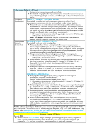 3 . Pertemuan Ketiga (3 x 45 Menit)
bantuan pertanyaan-pertanyaan pada lembar kerja.
 Peserta didik mengerjakan beberapa soal mengenai materi Makna dan pesan-pesan
yang terkandung pada Q.S. Luqman/31:13-14 dan Q.S. al-Baqarah/2:83serta hadis
terkait .
Verification
(pembuktian)
CRITICAL THINKING (BERPIKIR KRITIK)
Peserta didik mendiskusikan hasil pengamatannya dan memverifikasi hasil
pengamatannya dengan data-data atau teori pada buku sumber melalui kegiatan :
 Menambah keluasan dan kedalaman sampai kepada pengolahan informasi yang
bersifat mencari solusidari berbagai sumber yang memiliki pendapat yang berbeda
sampai kepada yang bertentangan untukmengembangkan sikap jujur, teliti, disiplin,
taat aturan, kerja keras, kemampuan menerapkan prosedurdan kemampuan berpikir
induktif serta deduktif dalam membuktikan tentang materi :
 Makna dan pesan-pesan yang terkandung pada Q.S.Luqman/31: 13-14 dan Q.S.
al-Baqarah/2:83serta hadis terkait
antara lain dengan : Peserta didik dan guru secara bersama-sama membahas
jawaban soal-soal yang telah dikerjakan oleh peserta didik.
Generalization
(menarik
kesimpulan)
COMMUNICATION (BERKOMUNIKASI)
Peserta didik berdiskusi untuk menyimpulkan
 Menyampaikan hasil diskusi tentang materi Makna dan pesan-pesan yang
terkandung pada Q.S.Luqman/31: 13-14 dan Q.S. al-Baqarah/2:83serta hadis
terkait berupa kesimpulan berdasarkan hasil analisis secara lisan, tertulis, atau media
lainnya untukmengembangkan sikap jujur, teliti,toleransi, kemampuan berpikir
sistematis, mengungkapkan pendapat dengan sopan.
 Mempresentasikan hasil diskusi kelompok secara klasikal tentang materi :
 Makna dan pesan-pesan yang terkandung pada Q.S.Luqman/31: 13-14 dan Q.S.
al-Baqarah/2:83serta hadis terkait
 Mengemukakan pendapat atas presentasiyang dilakukan tentanag materi Makna
dan pesan-pesan yang terkandung pada Q.S.Luqman/31: 13-14 dan Q.S. al-
Baqarah/2:83serta hadis terkait dan ditanggapioleh kelompok yang
mempresentasikan.
 Bertanya atas presentasitentang materi Makna dan pesan-pesan yang terkandung
pada Q.S. Luqman/31: 13-14 dan Q.S. al-Baqarah/2:83serta hadis terkait yang
dilakukan dan peserta didik lain diberi kesempatan untuk menjawabnya.
CREATIVITY (KREATIVITAS)
 Menyimpulkan tentang point-point penting yang muncul dalam kegiatan
pembelajaran yang baru dilakukan berupa :
Laporan hasil pengamatan secara tertulis tentang materi :
 Makna dan pesan-pesan yang terkandung pada Q.S.Luqman/31: 13-14 dan Q.S.
al-Baqarah/2:83serta hadis terkait
 Menjawab pertanyaan tentang materi Makna dan pesan-pesan yang terkandung pada
Q.S. Luqman/31: 13-14 dan Q.S. al-Baqarah/2:83serta hadis terkait yang terdapat
pada buku pegangan peserta didik atau lembar kerja yang telah disediakan.
 Bertanya tentang hal yang belum dipahami, atau guru melemparkan beberapa
pertanyaan kepada siswa berkaitan dengan materi Makna dan pesan-pesan yang
terkandung pada Q.S.Luqman/31: 13-14 dan Q.S. al-Baqarah/2:83serta hadis
terkait yang akan selesai dipelajari
 Menyelesaikan uji kompetensi untuk materi Makna dan pesan-pesan yang
terkandung pada Q.S.Luqman/31: 13-14 dan Q.S. al-Baqarah/2:83serta hadis
terkait yang terdapat pada buku pegangan peserta didik atau pada lembar lerja yang
telah disediakan secara individu untuk mengecek penguasaan siswa terhadap materi
pelajaran.
Catatan : Selama pembelajaran Makna dan pesan-pesan yang terkandung pada Q.S.Luqman/31: 13-14 dan
Q.S. al-Baqarah/2:83serta hadis terkait berlangsung,guru mengamati sikap siswa dalam pembelajaran yang
meliputi sikap: nasionalisme, disiplin,rasa percaya diri, berperilakujujur, tangguh menghadapi masalah
tanggungjawab,rasa ingin tahu, peduli lingkungan
Kegiatan Penutup (15 Menit)
Peserta didik :
 Membuat resume (CREATIVITY) dengan bimbingan guru tentang point-point penting yang muncul
dalam kegiatan pembelajaran tentang materi Makna dan pesan-pesan yang terkandung pada Q.S.
Luqman/31: 13-14 dan Q.S. al-Baqarah/2:83serta hadis terkait yang baru dilakukan.
 