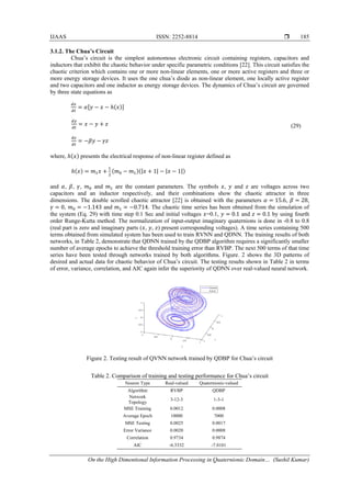 IJAAS ISSN: 2252-8814 
On the High Dimentional Information Processing in Quaternionic Domain… (Sushil Kumar)
185
3.1.2. The Chua’s Circuit
Chua’s circuit is the simplest autonomous electronic circuit containing registers, capacitors and
inductors that exhibit the chaotic behavior under specific parametric conditions [22]. This circuit satisfies the
chaotic criterion which contains one or more non-linear elements, one or more active registers and three or
more energy storage devices. It uses the one chua’s diode as non-linear element, one locally active register
and two capacitors and one inductor as energy storage devices. The dynamics of Chua’s circuit are governed
by three state equations as
𝑑𝑑
𝑑𝑑
= 𝛼[𝑦 − 𝑥 − ℎ(𝑥)]
𝑑𝑑
𝑑𝑑
= 𝑥 − 𝑦 + 𝑧
𝑑𝑑
𝑑𝑑
= −𝛽𝛽 − 𝛾𝛾
(29)
where, ℎ(𝑥) presents the electrical response of non-linear register defined as
ℎ(𝑥) = 𝑚1 𝑥 +
1
2
(𝑚0 − 𝑚1)(|𝑥 + 1| − |𝑥 − 1|)
and 𝛼, 𝛽, 𝛾, 𝑚0 and 𝑚1 are the constant parameters. The symbols 𝑥, 𝑦 and 𝑧 are voltages across two
capacitors and an inductor respectively, and their combinations show the chaotic attractor in three
dimensions. The double scrolled chaotic attractor [22] is obtained with the parameters 𝛼 = 15.6, 𝛽 = 28,
𝛾 = 0, 𝑚0 = −1.143 and 𝑚1 = −0.714. The chaotic time series has been obtained from the simulation of
the system (Eq. 29) with time step 0.1 Sec and initial voltages 𝑥=0.1, 𝑦 = 0.1 and 𝑧 = 0.1 by using fourth
order Runge-Kutta method. The normalization of input-output imaginary quaternions is done in -0.8 to 0.8
(real part is zero and imaginary parts (𝑥, 𝑦, 𝑧) present corresponding voltages). A time series containing 500
terms obtained from simulated system has been used to train RVNN and QDNN. The training results of both
networks, in Table 2, demonstrate that QDNN trained by the QDBP algorithm requires a significantly smaller
number of average epochs to achieve the threshold training error than RVBP. The next 500 terms of that time
series have been tested through networks trained by both algorithms. Figure. 2 shows the 3D patterns of
desired and actual data for chaotic behavior of Chua’s circuit. The testing results shown in Table 2 in terms
of error, variance, correlation, and AIC again infer the superiority of QDNN over real-valued neural network.
Figure 2. Testing result of QVNN network trained by QDBP for Chua’s circuit
Table 2. Comparison of training and testing performance for Chua’s circuit
Neuron Type Real-valued Quaternionic-valued
Algorithm RVBP QDBP
Network
Topology
3-12-3 1-3-1
MSE Training 0.0012 0.0008
Average Epoch 10000 7000
MSE Testing 0.0025 0.0017
Error Variance 0.0020 0.0008
Correlation 0.9734 0.9874
AIC -6.5332 -7.0101
 