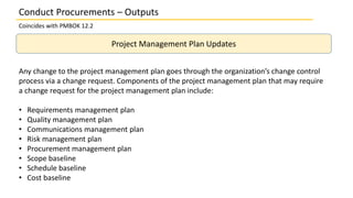 Project Management Plan Updates
Any change to the project management plan goes through the organization’s change control
process via a change request. Components of the project management plan that may require
a change request for the project management plan include:
• Requirements management plan
• Quality management plan
• Communications management plan
• Risk management plan
• Procurement management plan
• Scope baseline
• Schedule baseline
• Cost baseline
Conduct Procurements – Outputs
Coincides with PMBOK 12.2
 