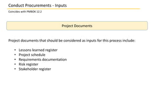 Project Documents
Project documents that should be considered as inputs for this process include:
• Lessons learned regist...
