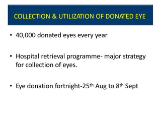 COLLECTION & UTILIZATION OF DONATED EYE
• 40,000 donated eyes every year
• Hospital retrieval programme- major strategy
for collection of eyes.
• Eye donation fortnight-25th Aug to 8th Sept
 