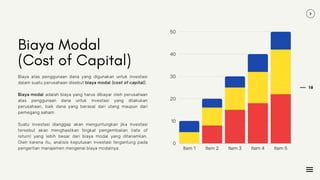 16
Item 1 Item 2 Item 3 Item 4 Item 5
50
40
30
20
10
0
Biaya Modal
(Cost of Capital)
Biaya atas penggunaan dana yang digunakan untuk investasi
dalam suatu perusahaan disebut biaya modal (cost of capital).
Biaya modal adalah biaya yang harus dibayar oleh perusahaan
atas penggunaan dana untuk investasi yang dilakukan
perusahaan, baik dana yang berasal dari utang maupun dari
pemegang saham.
Suatu investasi dianggap akan menguntungkan jika investasi
tersebut akan menghasilkan tingkat pengembalian (rate of
return) yang lebih besar dari biaya modal yang ditanamkan.
Oleh karena itu, analisis keputusan investasi tergantung pada
pengertian manajemen mengenai biaya modalnya.
 