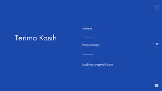 Terima Kasih
budiharto@gmail.com
Address
Phone Number 19
 