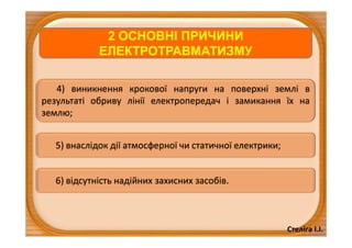 Стеліга І.І.
4) виникнення крокової напруги на поверхні землі в
результаті обриву лінії електропередач і замикання їх на
землю;
2 ОСНОВНІ ПРИЧИНИ
ЕЛЕКТРОТРАВМАТИЗМУ
2 ОСНОВНІ ПРИЧИНИ
ЕЛЕКТРОТРАВМАТИЗМУ
5) внаслідок дії атмосферної чи статичної електрики;
6) відсутність надійних захисних засобів.
 