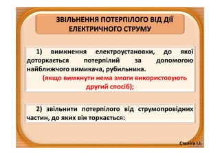 Стеліга І.І.
ЗВІЛЬНЕННЯ ПОТЕРПІЛОГО ВІД ДІЇ
ЕЛЕКТРИЧНОГО СТРУМУ
1) вимкнення електроустановки, до якої
доторкається потерпілий за допомогою
найближчого вимикача, рубильника.
(якщо вимкнути нема змоги використовують
другий спосіб);
2) звільнити потерпілого від струмопровідних
частин, до яких він торкається:
 