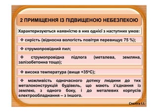 Стеліга І.І.
2 ПРИМІЩЕННЯ ІЗ ПІДВИЩЕНОЮ НЕБЕЗПЕКОЮ
Характеризуються наявністю в них однієї з наступних умов:
 сирість (відносна вологість повітря перевищує 75 %);
 струмопровідний пил;
 струмопровідна підлога (металева, земляна,
залізобетонна тощо);
 висока температура (вище +35оС);
 можливість одночасного дотику людини до тих
металоконструкцій будівель, що мають з’єднання із
землею, з одного боку, і до металевих корпусів
електрообладнання – з іншого.
 