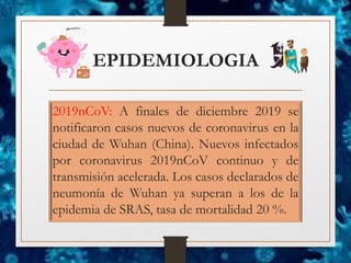 EPIDEMIOLOGIA
2019nCoV: A finales de diciembre 2019 se
notificaron casos nuevos de coronavirus en la
ciudad de Wuhan (China). Nuevos infectados
por coronavirus 2019nCoV continuo y de
transmisión acelerada. Los casos declarados de
neumonía de Wuhan ya superan a los de la
epidemia de SRAS, tasa de mortalidad 20 %.
 
