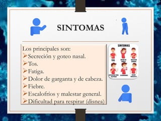 SINTOMAS
Los principales son:
➢Secreción y goteo nasal.
➢Tos.
➢Fatiga.
➢Dolor de garganta y de cabeza.
➢Fiebre.
➢Escalofríos y malestar general.
➢Dificultad para respirar (disnea)
 