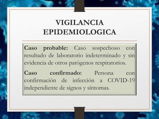 VIGILANCIA
EPIDEMIOLOGICA
Caso probable: Caso sospechoso con
resultado de laboratorio indeterminado y sin
evidencia de otros patógenos respiratorios.
Caso confirmado: Persona con
confirmación de infección a COVID-19
independiente de signos y síntomas.
 