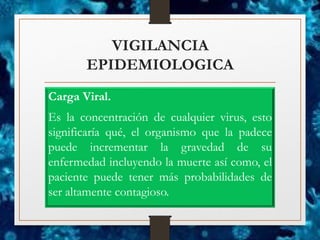 VIGILANCIA
EPIDEMIOLOGICA
Carga Viral.
Es la concentración de cualquier virus, esto
significaría qué, el organismo que la padece
puede incrementar la gravedad de su
enfermedad incluyendo la muerte así como, el
paciente puede tener más probabilidades de
ser altamente contagioso.
 