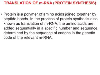 TRANSLATION OF m-RNA (PROTEIN SYNTHESIS)
• Protein is a polymer of amino acids joined together by
peptide bonds. In the process of protein synthesis also
known as translation of m-RNA, the amino acids are
added sequentially in a specific number and sequence,
determined by the sequence of codons in the genetic
code of the relevant m-RNA.
 