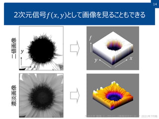 14
2次元信号𝑓 𝑥, 𝑦 として画像を見ることもできる
二値画像
濃淡画像
𝑥
𝑦
𝑓
𝑥
𝑦
九州大学 数理・データサイエンス教育研究センター／ 2021年7月版
 