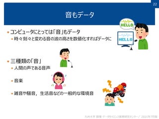 22
22
音もデータ
 コンピュータにとっては「音」もデータ
 時々刻々と変わる音の波の高さを数値化すればデータに
 三種類の「音」
 人間の声である音声
 音楽
 雑音や騒音，生活音などの一般的な環境音
九州大学 数理・データサイエンス教育研究センター／ 2021年7月版
 
