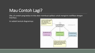 Mau Contoh Lagi?
Oke, di contoh yang kedua ini kita akan membuat aplikasi untuk mengirim notifikasi dengan
Interface.
Ini adalah bentuk diagramnya:
 