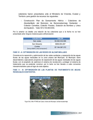 PLAN DE CONTINGENCIA –2017
colectores fueron presentados ante el Ministerio de Vivienda, Ciudad y
Territorio para gestión de recursos los siguientes:
Construcción Plan de Saneamiento Hídrico – Colectores de
Alcantarillado del Municipio de Barrancabermeja Santander –
Colector Camelias, Colector Paraíso, Estación de Bombeo y Línea
de Impulsión. Valor $13.143.903.934.
Por lo anterior se detalla una relación de los colectores que a la fecha no se han
presentado ante ninguna instancia para cofinanciación:
COLECTOR VALOR
San Judas $3.062.034.568
San Silvestre $956.853.267
Coviba
(Incluye EBAR y línea de Impulsión)
$7.194.387.372
FASE IV - A: OPTIMIZACIÓN DE LAS REDES DE ALCANTARILLADO
Consiste en la reposición y optimización de las redes sanitarias y separación de las aguas
lluvias de las aguas residuales en la zona urbana del Municipio. El Municipio viene
desarrollando y ejecutando proyectos de separación de las aguas residuales de las aguas
lluvias con el propósito de optimizar el sistema de recolección y proteger el sistema de
tratamiento que se pretende construir, por lo tanto se han llevado a cabo convenios
interadministrativo para el logro de este objetivo.
FASE V - B: OPTIMIZACIÓN DE LAS PLANTAS DE TRATAMIENTO DE AGUAS
RESIDUALES EXISTENTES.
Figura No.3 Mini PTARS del Casco Urbano del Municipio de Barrancabermeja
 