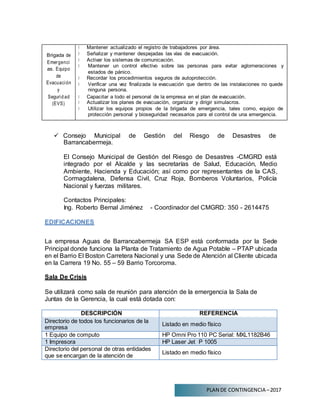 PLAN DE CONTINGENCIA –2017
Brigada de
Emergenci
as. Equipo
de
Evacuación
y
Segurid ad
(EVS)
Mantener actualizado el registro de trabajadores por área.
Señalizar y mantener despejadas las vías de evacuación.
Activar los sistemas de comunicación.
Mantener un control efectivo sobre las personas para evitar aglomeraciones y
estados de pánico.
Recordar los procedimientos seguros de autoprotección.
Verificar una vez finalizada la evacuación que dentro de las instalaciones no quede
ninguna persona.
Capacitar a todo el personal de la empresa en el plan de evacuación.
Actualizar los planes de evacuación, organizar y dirigir simulacros.
Utilizar los equipos propios de la brigada de emergencia, tales como, equipo de
protección personal y bioseguridad necesarios para el control de una emergencia.
 Consejo Municipal de Gestión del Riesgo de Desastres de
Barrancabermeja.
El Consejo Municipal de Gestión del Riesgo de Desastres -CMGRD está
integrado por el Alcalde y las secretarías de Salud, Educación, Medio
Ambiente, Hacienda y Educación; así como por representantes de la CAS,
Cormagdalena, Defensa Civil, Cruz Roja, Bomberos Voluntarios, Policía
Nacional y fuerzas militares.
Contactos Principales:
Ing. Roberto Bernal Jiménez - Coordinador del CMGRD: 350 - 2614475
EDIFICACIONES
La empresa Aguas de Barrancabermeja SA ESP está conformada por la Sede
Principal donde funciona la Planta de Tratamiento de Agua Potable – PTAP ubicada
en el Barrio El Boston Carretera Nacional y una Sede de Atención al Cliente ubicada
en la Carrera 19 No. 55 – 59 Barrio Torcoroma.
Sala De Crisis
Se utilizará como sala de reunión para atención de la emergencia la Sala de
Juntas de la Gerencia, la cual está dotada con:
DESCRIPCIÓN REFERENCIA
Directorio de todos los funcionarios de la
empresa
Listado en medio físico
1 Equipo de computo HP Omni Pro 110 PC Serial: MXL1182B46
1 Impresora HP Laser Jet P 1005
Directorio del personal de otras entidades
que se encargan de la atención de
Listado en medio físico
 