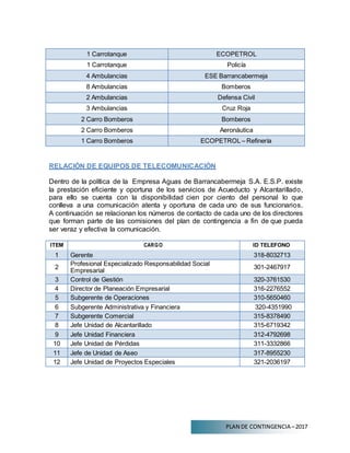 PLAN DE CONTINGENCIA –2017
1 Carrotanque ECOPETROL
1 Carrotanque Policía
4 Ambulancias ESE Barrancabermeja
8 Ambulancias Bomberos
2 Ambulancias Defensa Civil
3 Ambulancias Cruz Roja
2 Carro Bomberos Bomberos
2 Carro Bomberos Aeronáutica
1 Carro Bomberos ECOPETROL – Refinería
RELACIÓN DE EQUIPOS DE TELECOMUNICACIÓN
Dentro de la política de la Empresa Aguas de Barrancabermeja S.A. E.S.P. existe
la prestación eficiente y oportuna de los servicios de Acueducto y Alcantarillado,
para ello se cuenta con la disponibilidad cien por ciento del personal lo que
conlleva a una comunicación atenta y oportuna de cada uno de sus funcionarios.
A continuación se relacionan los números de contacto de cada uno de los directores
que forman parte de las comisiones del plan de contingencia a fin de que pueda
ser veraz y efectiva la comunicación.
ITEM CARGO ID TELEFONO
1 Gerente 318-8032713
2
Profesional Especializado Responsabilidad Social
Empresarial
301-2467917
3 Control de Gestión 320-3761530
4 Director de Planeación Empresarial 316-2276552
5 Subgerente de Operaciones 310-5650460
6 Subgerente Administrativa y Financiera 320-4351990
7 Subgerente Comercial 315-8378490
8 Jefe Unidad de Alcantarillado 315-6719342
9 Jefe Unidad Financiera 312-4792698
10 Jefe Unidad de Pérdidas 311-3332866
11 Jefe de Unidad de Aseo 317-8955230
12 Jefe Unidad de Proyectos Especiales 321-2036197
 