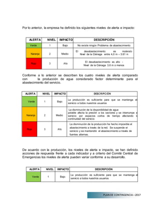 PLAN DE CONTINGENCIA –2017
Por lo anterior, la empresa ha definido los siguientes niveles de alerta e impacto:
ALERTA NIVEL IMPACTO DESCRIPCIÓN
Verde 1 Bajo No existe ningún Problema de abastecimiento
Naranja 2 Medio
El desabastecimiento es moderado
Nivel de la Ciénaga entre 4,0 m – 3.61 m
Rojo 3 Alto
El desabastecimiento es alto -
Nivel de la Ciénaga 3,6 m o menos
Conforme a lo anterior se describen los cuatro niveles de alerta comparado
con la producción de agua considerado factor determinante para el
abastecimiento del servicio.
ALERTA NIVEL IMPACTO DESC RIPC IÓN
Verde 1 Bajo
La producción es suficiente para que se mantenga el
servicio a todos nuestros usuarios
Naranja 2 Medio
La disminución de la disponibilidad de agua
potable afecta la presión a los sectores y se interrumpe el
servicio por espacios cortos de tiempo afectando la
continuidad del servicio
Rojo 3 Alto
La disminución de la producción ha hecho imposible el
abastecimiento a través de la red. Se suspende el
servicio y se mantendrá el abastecimiento a través de
fuentes alternas.
De acuerdo con la producción, los niveles de alerta e impacto, se han definido
acciones de respuesta frente a cada indicador y a criterio del Comité Central de
Emergencias los niveles de alerta pueden variar conforme a su desarrollo.
ALERTA NIVEL IMPACTO DESCRIPCIÓN
Verde 1 Bajo
La producción es suficiente para que se mantenga el
servicio a todos nuestros usuarios
 