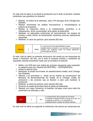 PLAN DE CONTINGENCIA –2017
En este nivel de alera no se afecta la producción por lo tanto se tomarán medidas
preventivas que garanticen la situación:
 Realizar el control de la turbiedad, color y PH del agua de la Ciénaga San
Silvestre.
 Realizar diariamente los análisis fisicoquímicos y microbiológicos al
sistema de acueducto.
 Realizar la inspección diaria y el mantenimiento preventivo a la
infraestructura de los componentes de la planta de tratamiento.
 Mantener en adecuadas condiciones de funcionamiento los equipos de
bombeo y stock mínimo de herramientas mecánicas para las reparaciones
requeridas.
 Mantener un stock de químicos para sesenta (60) días.
Naranja 2 Medio
La disminución de la disponibilidad de agua
potable afecta la presión a los sectores y se interrumpe el
servicio por espacios cortos de tiempo afectando la
continuidad del servicio
En este nivel de alerta se presenta disminución del caudal por ser temporada de
verano o fenómeno del niño, por lo tanto la empresa activará y mantendrá las
siguientes medidas preventivas hasta que se normalice la situación.
 Alertar a la CAS para que realice las acciones necesarias para suspender
la captación para uso industrial (ECOPETROL – FERTILIZANTES).
 Activar la sala de crisis.
 Monitorear el caudal de la fuente de abastecimiento (niveles de la Ciénaga
San Silvestre).
 Informar a la comunidad a través de los medios de comunicación del
Municipio de Barrancabermeja los niveles de la Ciénaga, niveles de
producción y las acciones que se llevarán a cabo para mantener la
producción.
 Mantener un stock de químicos para sesenta (60) días.
 Disminuir el caudal de bombeo hacia la planta de tratamiento.
 Realizar con mayor frecuencia el muestreo del agua cruda para medir los
parámetros de turbiedad y color.
Rojo 3 Alto
La disminución de la producción ha hecho
imposible el abastecimiento a través de la red. Se
suspende el servicio y se mantendrá el
abastecimiento a través de fuentes alternas.
En este nivel de alerta se suspende la distribución del servicio por temporada del
 
