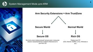 System Management Mode для ARM
Arm Security Extensions = Arm TrustZone
Secure World Normal World
Secure ОS Rich ОS
Контроль всех коммуникаций процессора с внешним
миром и формирование профиля безопасности
для Rich OS
Привычная ОС
(iOS, Android, Sailfish, Linux, Windows и
др.)
5
 