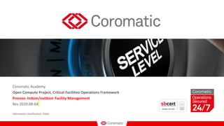 Coromatic Academy
Open Compute Project, Critical Facilities Operations Framework
Process: Indoor/outdoor Facility Management
Rev 2020-08-04
Information classification: Public
 