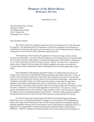 Congressional Letter on Keystone XL Pipeline