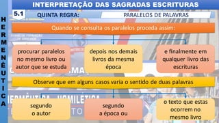 INTERPRETAÇÃO DAS SAGRADAS ESCRITURAS
H
E
R
M
E
N
Ê
U
T
I
C
A
QUINTA REGRA:
5.1 PARALELOS DE PALAVRAS
o texto que estas
ocorrem no
mesmo livro
segundo
a época ou
segundo
o autor
Observe que em alguns casos varia o sentido de duas palavras
e ﬁnalmente em
qualquer livro das
escrituras
depois nos demais
livros da mesma
época
procurar paralelos
no mesmo livro ou
autor que se estuda
Quando se consulta os paralelos proceda assim:
 