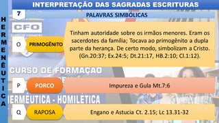 INTERPRETAÇÃO DAS SAGRADAS ESCRITURAS
H
E
R
M
E
N
Ê
U
T
I
C
A
PALAVRAS SIMBÓLICAS
7
RAPOSA
Q Engano e Astucia Ct. 2.15; Lc 13.31-32
PORCO
P Impureza e Gula Mt.7:6
PRIMOGÊNITO
O
Tinham autoridade sobre os irmãos menores. Eram os
sacerdotes da família; Tocava ao primogênito a dupla
parte da herança. De certo modo, simbolizam a Cristo.
(Gn.20:37; Ex.24:5; Dt.21:17, HB.2:10; Cl.1:12).
 