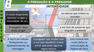 É muito importante
exercitar e vigiar a
intensidade da voz
A PREGAÇÃO E O PREGADOR
H
O
M
I
L
É
T
I
C
A
C
3
INTENSIDADE
com certeza terá
muito êxito na
comunicação da
Palavra de Deus
A voz é um veículo
fundamental no
desenvolvimento da
mensagem
o pregador que souber usar
a voz com equilíbrio e bom
senso aplicando algumas
regras básicas
e em tom de sussurros que
ninguém o entenda
em berros que irritam os
ouvintes
O pregador deve
evitar pregar
 