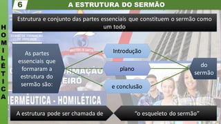 A ESTRUTURA DO SERMÃO
H
O
M
I
L
É
T
I
C
A
6
A estrutura pode ser chamada de “o esqueleto do sermão”
As partes
essenciais que
formaram a
estrutura do
sermão são:
Estrutura e conjunto das partes essenciais que constituem o sermão como
um todo
do
sermão
Introdução
plano
e conclusão
 