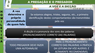 A PREGAÇÃO E O PREGADOR
H
O
M
I
L
É
T
I
C
A
C
3
A VOZ E A DICÇÃO
A voz
determina a
própria
personalidade
de quem fala
A dicção é a pronuncia dos sons das palavras
(PRONUNCIAMENTO CORRETO DAS PALAVRAS)
PARA O PRONUNCIAMENTO
CORRETO DAS PALAVRAS A PRATICA
DA LEITURA EM VÓZ AUDÍVEL É
ALTAMENTE RECOMENDÁVEL
TODO PREGADOR DEVE FAZER
UMA AUTOANÁLISE
Se estamos alegres, tristes, seguros, etc., a primeira
identiﬁcação destes comportamentos são transmitidas
pela voz
 