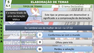 ELABORAÇÃO DE TEMAS
H
O
M
I
L
É
T
I
C
A
TIPOS DE TEMAS
5.1
5
3 - O tema Declarativo:
Perdeu a salvação
Olhou para trás
Conformou-se com o mundo
Ex: Lembrai-vos da mulher de Ló – Lc 17:32
I
II
III
Este tipo se preocupa em desenvolver o
signiﬁcado e a comprovação da declaração
É o tema tirado de
uma declaração
bíblica
 