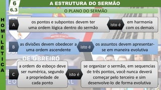 A ESTRUTURA DO SERMÃO
H
O
M
I
L
É
T
I
C
A
O PLANO DO SERMÃO
6.3
6
se organizar o sermão, em sequencias
de três pontos, você nunca deverá
começar pelo terceiro e sim
desenvolve-lo de forma evolutiva
a ordem do esboço deve
ser numérica, segundo
a propriedade de
cada ponto
isto é
C
os assuntos devem apresentar-
se em maneira evolutiva
as divisões devem obedecer a
uma ordem ascendente
isto é
B
em harmonia
com os demais
os pontos e subpontos devem ter
uma ordem lógica dentro do sermão
isto é
A
 