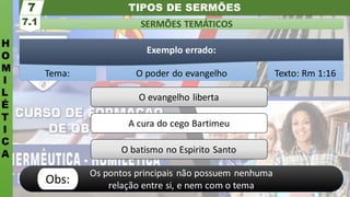 TIPOS DE SERMÕES
H
O
M
I
L
É
T
I
C
A
SERMÕES TEMÁTICOS
7.1
7
Tema: O poder do evangelho Texto: Rm 1:16
Exemplo errado:
Os pontos principais não possuem nenhuma
relação entre si, e nem com o tema
Obs:
O evangelho liberta
A cura do cego Bartimeu
O batismo no Espirito Santo
 