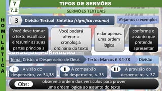 Divisão
TIPOS DE SERMÕES
H
O
M
I
L
É
T
I
C
A
SERMÕES TEXTUAIS
7.2
7
Divisão Textual Sintética (signiﬁca resumo)
3
observe a ordem dos versículos para prover
uma ordem lógica ao assunto do texto
Obs:
A provisão do
despenseiro, v. 37
A compaixão
do despenseiro, v. 35
A visão do
despenseiro, vv. 34,38
III
II
I
Você deve tomar
o texto escolhido
e resumir as suas
partes principais
Você poderá
alterar a
cronologia
ordinária do texto
e dar apenas
uma ordem
lógica
conforme o
assunto que
pretende
apresentar
Vejamos o exemplo:
Texto: Marcos 6.34-38
Tema: Cristo, o Despenseiro de Deus
 