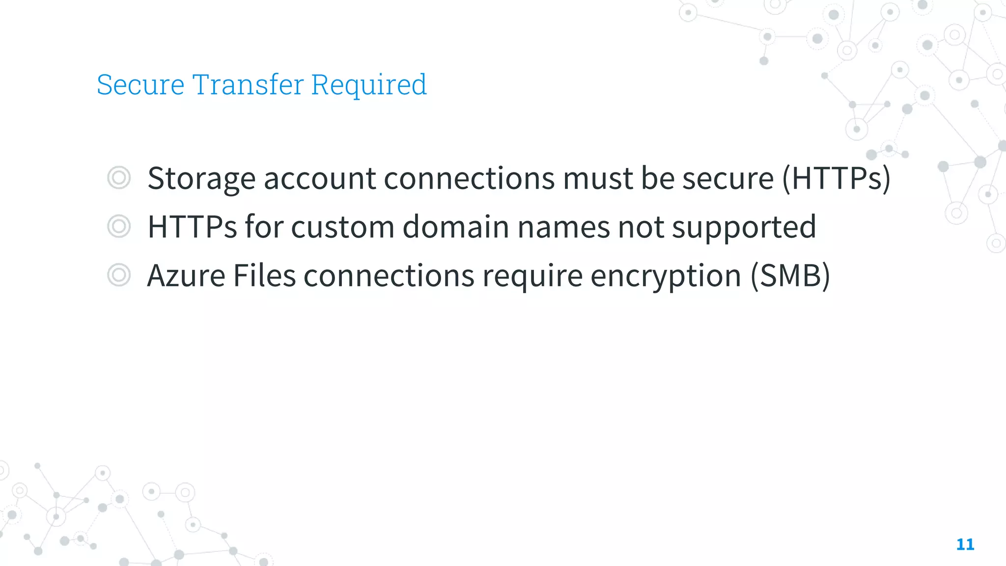 Secure Transfer Required
11
◎ Storage account connections must be secure (HTTPs)
◎ HTTPs for custom domain names not supported
◎ Azure Files connections require encryption (SMB)
 