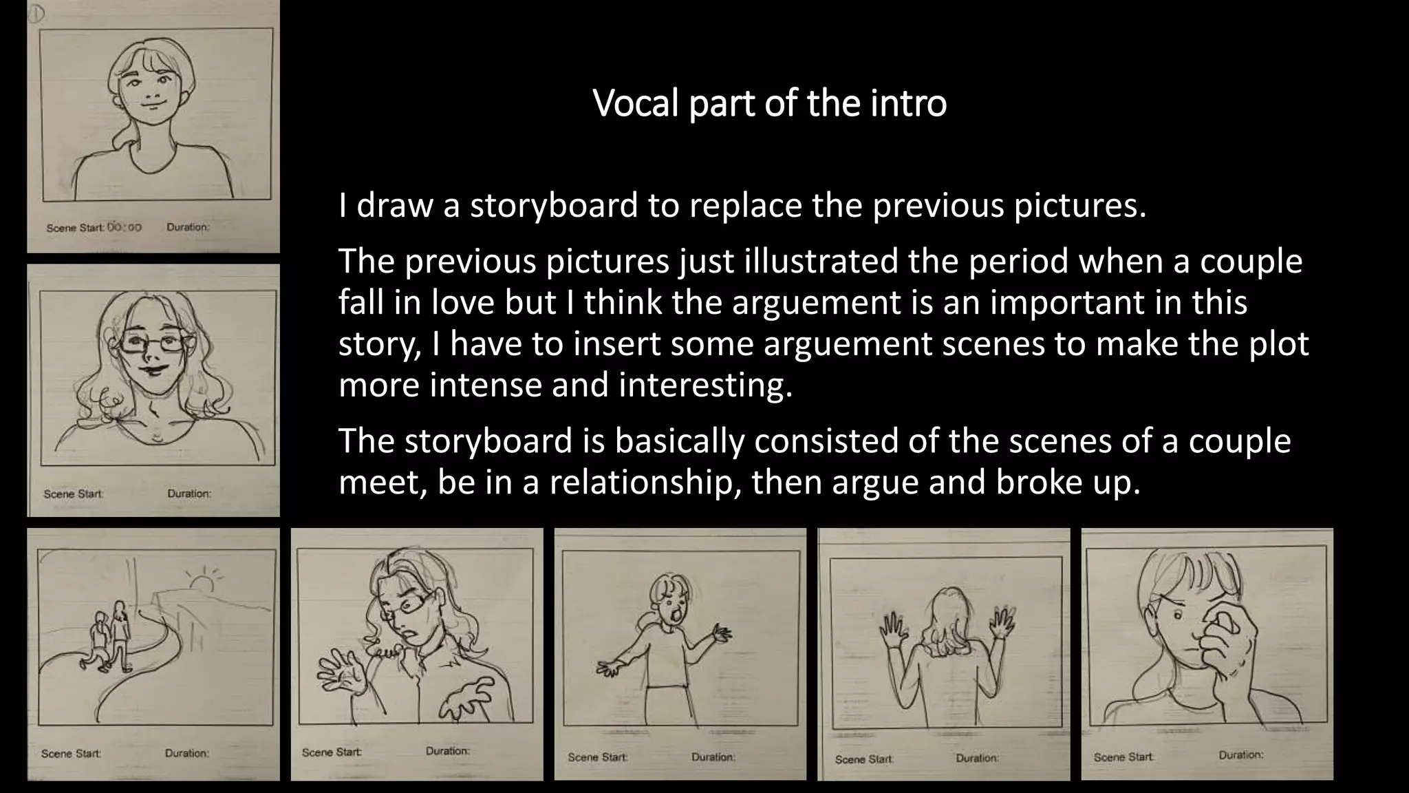 Vocal part of the intro
I draw a storyboard to replace the previous pictures.
The previous pictures just illustrated the period when a couple
fall in love but I think the arguement is an important in this
story, I have to insert some arguement scenes to make the plot
more intense and interesting.
The storyboard is basically consisted of the scenes of a couple
meet, be in a relationship, then argue and broke up.
 
