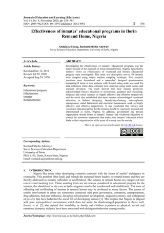 Effectiveness of inmates’ educational programs in Ilorin Remand Home ...
