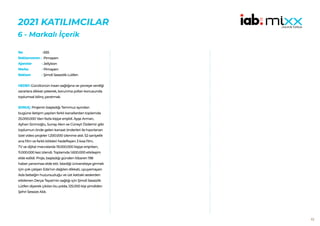 92
2021 KATILIMCILAR
6 - Markalı İçerik
655
Pimapen
Jellybon
Pimapen
Şimdi Sessizlik Lütfen
HEDEF:Gürültünün insan sağlığına ve çevreye verdiği
zararlara dikkat çekerek, korunma yolları konusunda
toplumsal bilinç yaratmak.
SONUÇ: Projenin başladığı Temmuz ayından
bugüne iletişim yapılan farklı kanallardan toplamda
25.000.000 ‘dan fazla kişiye erişildi. Ayşe Arman,
Ayhan Sicimoğlu, Sunay Akın ve Cüneyt Özdemir gibi
toplumun önde gelen kanaat önderleri ile hazırlanan
özel video projeler 1.200.000 izlenme aldı. 52 saniyelik
ana film ve farklı kitleleri hedefleyen 3 kısa film,
TV ve dijital mecralarda 19.000.000 kişiye erişirken,
11.000.000 kez izlendi. Toplamda 1.600.000 etkileşim
elde edildi. Proje, başladığı günden itibaren 198
haber yansıması elde etti. İstediği üniversiteye girmek
için çok çalışan Eda’nın dağılan dikkati, uyuyamayan
Ada bebeğin huzursuzluğu ve üst kattaki seslerden
etkilenen Derya Teyze’nin sağlığı için Şimdi Sessizlik
Lütfen diyerek çıkılan bu yolda, 125.000 kişi şimdiden
Şehri Sessize Aldı.
No :
Reklamveren :
Ajanslar :
Marka :
Reklam :
 