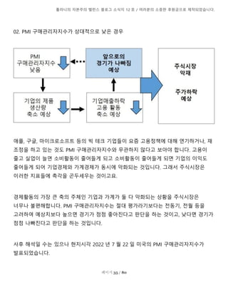 톨라니의 자본주의 밸런스 블로그 소식지 12 호 / 여러분의 소중한 후원금으로 제작되었습니다.
페이지 35 / 80
02. PMI 구매관리자지수가 상대적으로 낮은 경우
애플, 구글, 마이크로소프트 등의 빅 테크 기업들이 요즘 고용정책에 대해 연기하거나, 재
조정을 하고 있는 것도 PMI 구매관리자지수와 무관하지 않다고 보아야 합니다. 고용이
줄고 실업이 늘면 소비활동이 줄어들게 되고 소비활동이 줄어들게 되면 기업의 이익도
줄어들게 되어 기업경제와 가계경제가 동시에 악화되는 것입니다. 그래서 주식시장은
이러한 지표들에 촉각을 곤두세우는 것이고요.
경제활동의 가장 큰 축의 주체인 기업과 가계가 둘 다 악화되는 상황을 주식시장은
너무나 불편해합니다. PMI 구매관리자지수는 절대 평가라기보다는 전동기, 전월 등을
고려하여 예상치보다 높으면 경기가 점점 좋아진다고 판단을 하는 것이고, 낮다면 경기가
점점 나빠진다고 판단을 하는 것입니다.
사후 해석일 수는 있으나 현지시각 2022 년 7 월 22 일 미국의 PMI 구매관리자지수가
발표되었습니다.
 