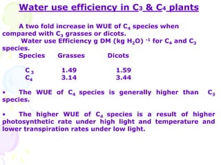 Water use efficiency in C3 & C4 plants
A two fold increase in WUE of C4 species when
compared with C3 grasses or dicots.
Water use Efficiency g DM (kg H2O) -1 for C4 and C3
species.
Species Grasses Dicots
C 3 1.49 1.59
C4 3.14 3.44
• The WUE of C4 species is generally higher than C3
species.
• The higher WUE of C4 species is a result of higher
photosynthetic rate under high light and temperature and
lower transpiration rates under low light.
 