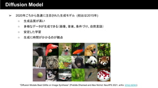 Diffusion Model
➢ 2020年ごろから急速に注目された生成モデル (初出は2015年)
○ 生成品質が高い
○ 多様なデータが生成できる（画像、音楽、条件づけ、自然言語）
○ 安定した学習
○ 生成に時間がかかるのが難点
“Diffusion Models Beat GANs on Image Synthesis” (Prafulla Dhariwal and Alex Nichol, NeurIPS 2021, arXiv: 2112.10741)
 