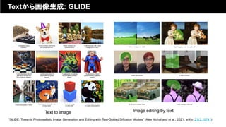 Textから画像生成: GLIDE
Text to image Image editing by text
“GLIDE: Towards Photorealistic Image Generation and Editing with Text-Guided Diffusion Models” (Alex Nichol and et al., 2021, arXiv: 2112.10741)
 