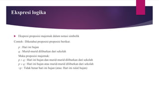Ekspresi logika
 Ekspresi proposisi majemuk dalam notasi simbolik
Contoh : Diketahui proposisi-proposisi berikut:
p : Hari ini hujan
q : Murid-murid diliburkan dari sekolah
Maka proposisi majemuk:
p  q : Hari ini hujan dan murid-murid diliburkan dari sekolah
p  q : Hari ini hujan atau murid-murid diliburkan dari sekolah
~p : Tidak benar hari ini hujan (atau: Hari ini tidak hujan)
 
